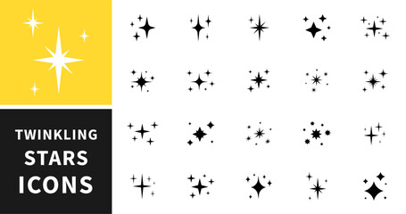 Black sparkling stars. Different twinkling stars collection. Star icons, sparks, shining explosion. Vector illustration
