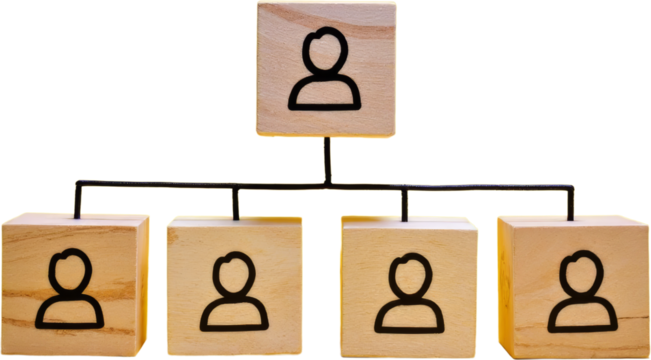 Wooden Block Organization Chart with Person Icons and transparent background