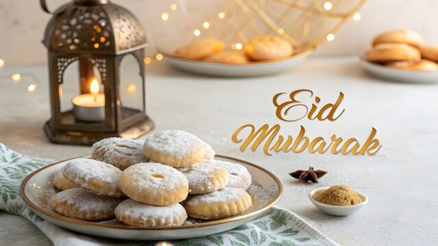 Festive Eid Mubarak Celebration with Traditional Kahk Cookies