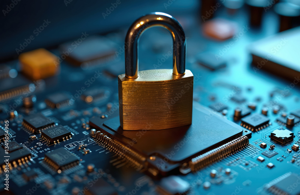Poster cyber security concept. padlock on computer motherboard protection, safety of data. digital privacy,
