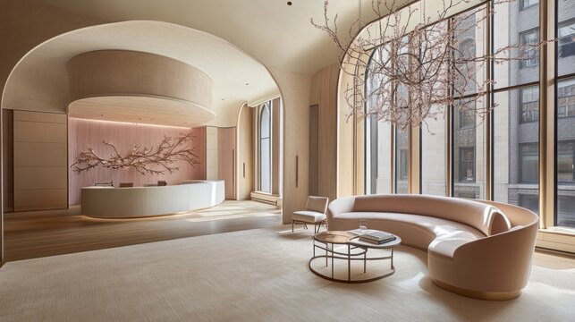 Modern spa reception area with arched ceilings and city views