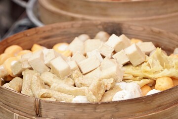 Assorted Tofu and Fish Cakes in Bamboo Steamer