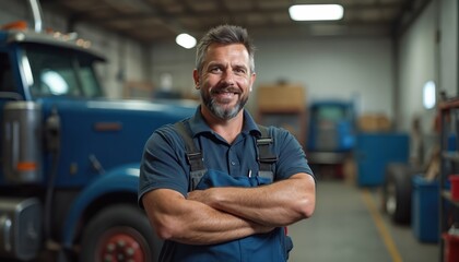 Smiling truck repair shop owner in a workshop. Mechanic man with crossed arms looks at camera. Positive male at work, auto industry, blue truck behind. Portrait of worker, vehicle repair.