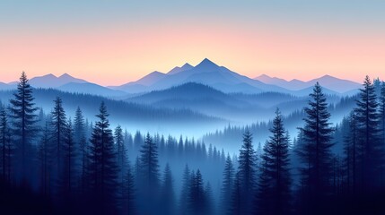 Obraz premium At dawn, a serene minimalist nature scene, misty blue mountains rise above a dense evergreen forest in a low polygon landscape.