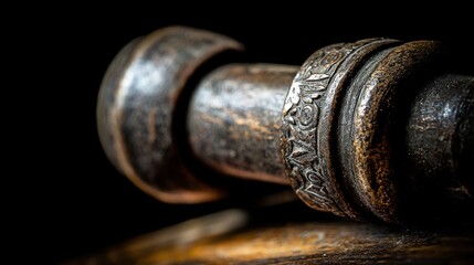 Close-up of a vintage wooden gavel resting on a dark surface, showcasing intricate details and textures