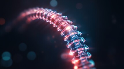 Illuminated spinal column model depicting intricate details and neural network connections radiating energy in red and blue hues with bokeh