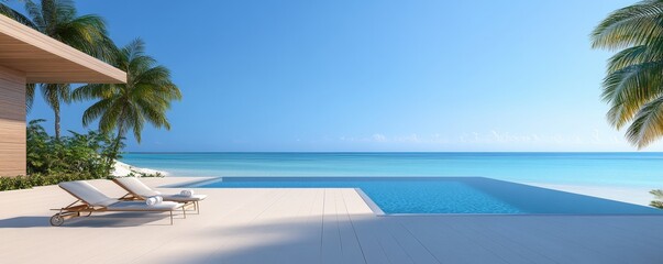 Naklejka premium A serene outdoor scene featuring a pool, sun loungers, palm trees, and a clear blue sky, ideal for relaxation and leisure, sustainable living lifestyle.