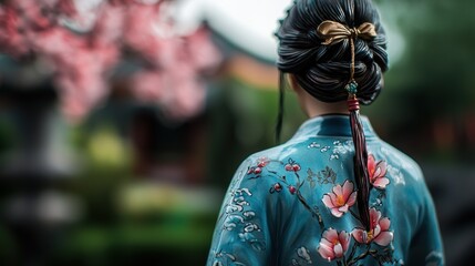Fototapeta premium Woman in traditional attire stands amidst cherry blossoms in a serene garden setting