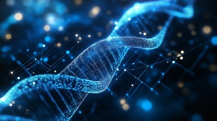 Understanding the structure of DNA in a digital representation with blue particles and glowing background