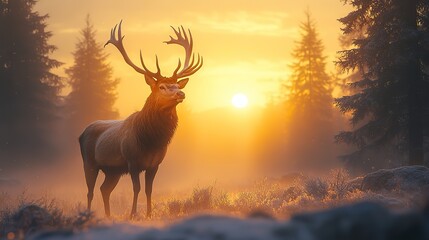 At sunrise, a majestic deer with large antlers stands proudly in a misty forest clearing, framed by a golden,lit mountain range.