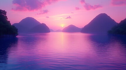 Vibrant pink sunset over calm ocean and islands.