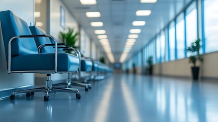 Empty hospital hallway with blue chairs.