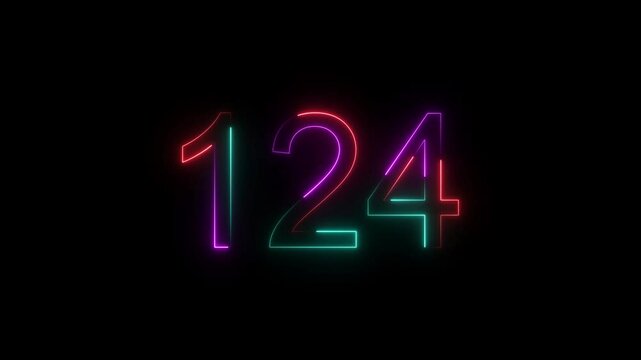 A dynamic  animation, and glowing neon number 124 animation . on a black background. and creating a stunning video.4k video