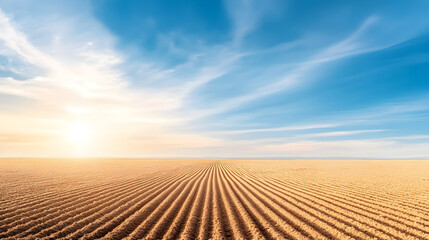 Fototapeta premium Endless rows of plowed farmland stretching to horizon with warm tones. Perfect for agriculture advertising, nature wallpapers, and countryside themes. Selective focus