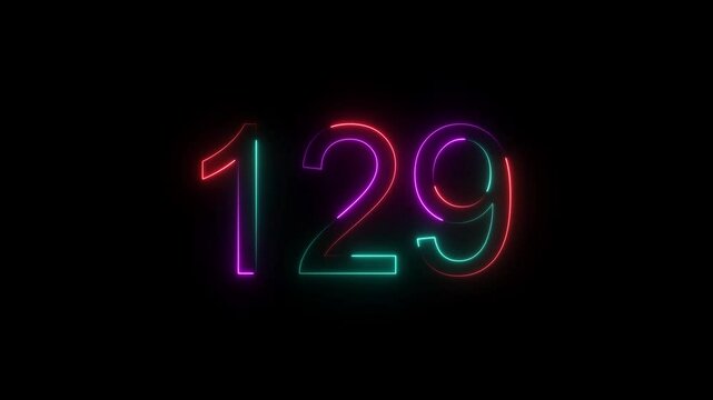 A dynamic  animation, and glowing neon number 129 animation . on a black background. and creating a stunning video.4k video