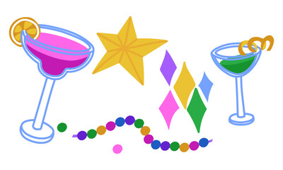 set of festive items for Mardi Gras. Cocktail, star, beads, confetti. It is suitable for decorating materials, advertising campaigns and products related to the Mardi Gras holiday, carnival