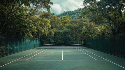 A serene tennis court surrounded by lush greenery and mountains.