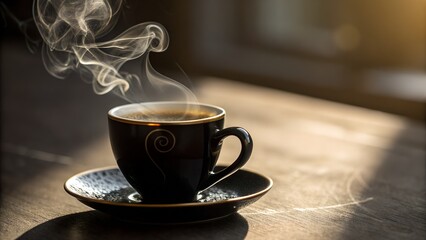 Aromatic Delight: A steaming cup of coffee, its rich aroma swirling upwards, awaits, offering a moment of serenity. captured against a softly blurred backdrop.