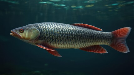 Fototapeta premium Underwater view of a fish. Profile of a scaled fish, displaying vibrant color variations and swimming freely. Clear, detailed view showcasing the fish's form and fins