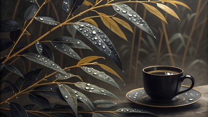 Zen Coffee Break: A dark, inviting cup of coffee rests serenely on a saucer, graced by the elegance of a leafy branch adorned with water droplets.
