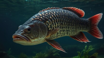Large fish in aquarium.  Close-up view of a  colorful fish with dark and light scales, vibrant red fins. Underwater view in a dark setting