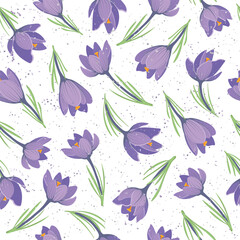 Spring Seamless Pattern with Purple Crocus, Snowdrop, Flameless. Vector Illustration