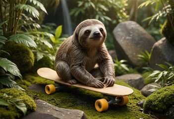 A cute sloth sits on a skateboard in a lush forest setting