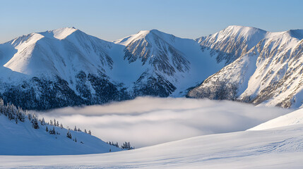 Snowy mountain landscape with clouds at the base