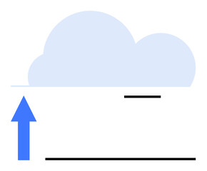Blue upward arrow towards a light blue cloud with minimal black horizontal lines. Ideal for data management, cloud computing, file sharing, data transfer, technology, storage, digital workflow. Flat