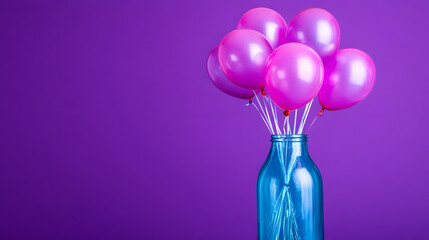Colorful balloons in a bottle against a purple background