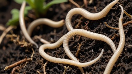 Fototapeta premium White segmented worms in dark soil