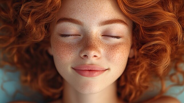 Cheerful teenage girl close-up portrait, curly red hair, freckles, playful kiss, duck lips, wink on turquoise.