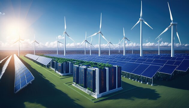 Visual representation of cryptocurrency and blockchain in relation to renewable energy sources.