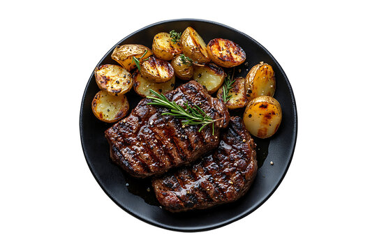 Black plate of grilled beef steaks and potatoes top view Isolated on White and Transparent Background PNG Image. - Powered by Adobe