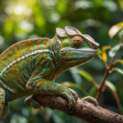 Chameleon Gripping a Branch, Changing Colors
