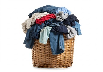 Overfull wicker laundry basket overflowing with clothes. AI Generated