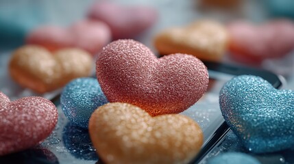Colorful hearts float into a smartphone, symbolizing online affection and social media engagement.