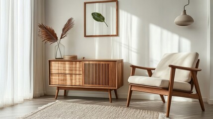 Stylish Scandinavian living room interior of modern apartment with wooden commode, design armchair, carpet, leaf in vase, table lamp, and personal accessories