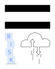 Stacked blocks spell Risk next to a cloud with arrows indicating upward and downward flows. Ideal for risk management, data flow, strategy, uncertainty, business planning, decision-making, abstract