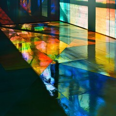 Vibrant Rainbow Reflections on Wet Floor Tiles