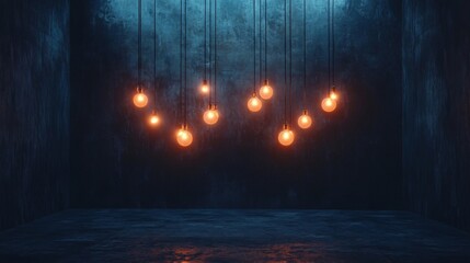 Obraz premium Glowing Orange Lightbulbs Hanging in Dark Blue Room
