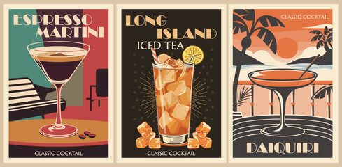 Cocktails retro poster set. Espresso Martini, Long Island Ice Tea, Daiquiri. Collection of popular alcohol drinks. Vintage flat vector illustrations for bar, pub, restaurant, kitchen wall art print.