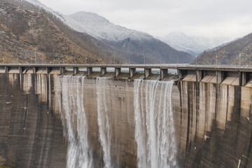 Diga di Ridracoli or Ridracoli Dam during flooding in Winter 2025, Romagna, Italy