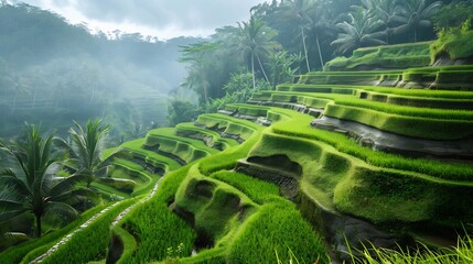 Breathtaking rice terrace in Bali Indonesia with lush green steps cascading down the hills showcasing ancient water management techniques in terrace farming