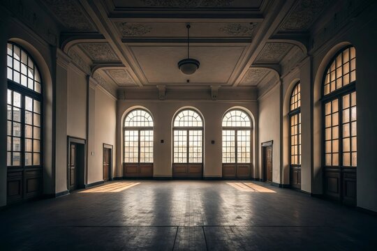 Elegant interior of a spacious, dimly lit hall with large windows casting soft shadows across the wooden floor