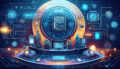 Fototapeta premium This artwork depicts a vibrant, futuristic view of cryptocurrency and blockchain.
