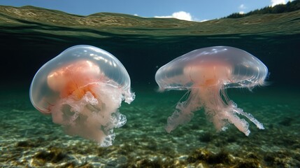 Fototapeta premium Two jellyfish in clear ocean water