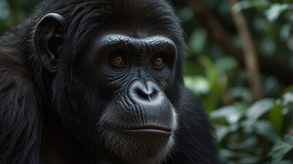Obraz premium Close-up of a chimpanzee's thoughtful face. Mature primate, dark fur, focused gaze. Jungle backdrop