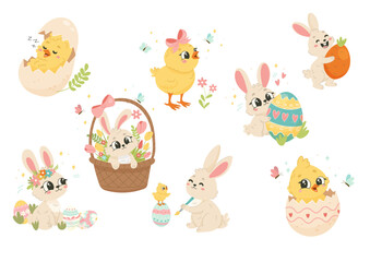 Cute Easter Bunny and Chick Illustrations  Spring Holiday Clipart