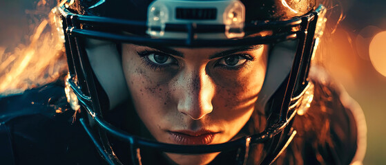 Fototapeta premium Fierce female athlete in American football gear and helmet, staring with determination.Close up portrait.Empowering women in competitive sports.Championship. Generative ai